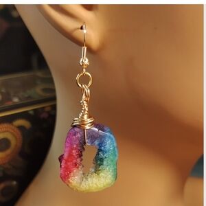 Handmade Colorful Real Geode Hand  Wrapped Earrings, Real Quartz Earrings, Boho
